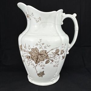 Antique WHITE IRONSTONE PITCHER Brown & White Transferware Flowers Old Vintage